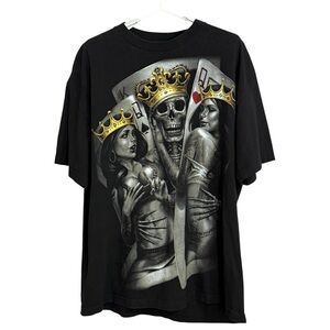 OGABEL Skull Poker King and Queen Black Cotton Graphic T-Shirt Size 2XL
